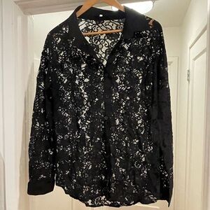 Black Lace Button-Up Collared Shirt